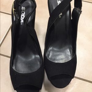 Black suede peep toe wedge